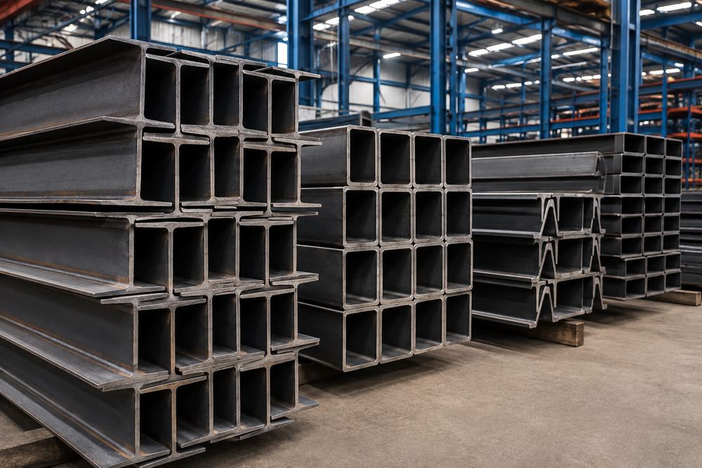 Structural steel I-beams and box sections stacked in warehouse